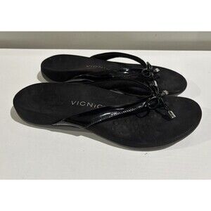Vionic Bella II Sandal 9 Black Patent Leather Bow Orthotic Comfort Slip On Thong